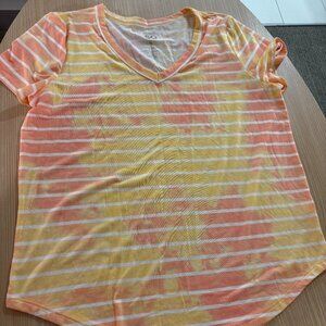 SO V Neck T Shirt XL Xtra Large Pink Yellow White Striped Short Sleeve Polyester